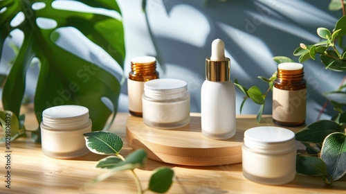 Skincare product on a wooden shelf with green leaves. Product shot of skincare product placed on podium decorated with green leaves. Photography for beauty and wellness design. Natural product. AIG51.