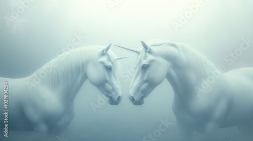 Two white unicorns facing each other in a foggy, misty atmosphere. Scene is mysterious and ethereal