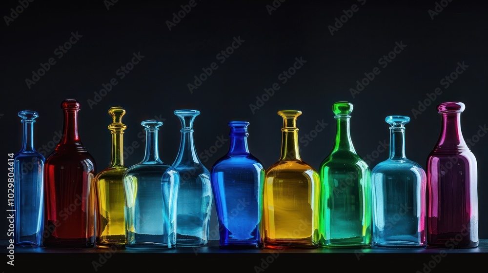 Row of Colored Glass Bottles Row of Colored Glass Bottles