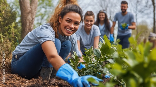 A multicultural team of volunteers tidying up a nearby park, their sincere grins demonstrating the effect of their work.