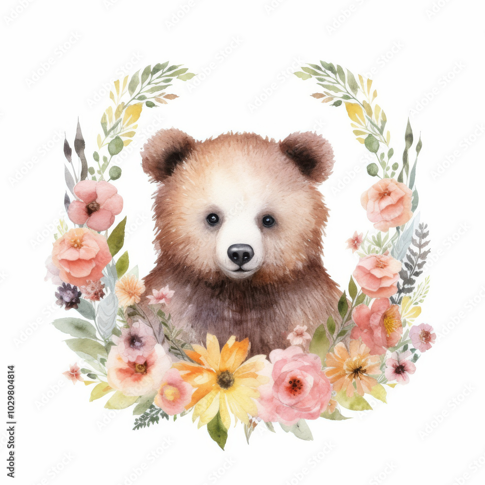 Cute Bear Cub Surrounded by Colorful Flowers Illustration - Perfect for Nursery Decor and Children's Stationery Cute Bear Cub Surrounded by Colorful Flowers Illustration - Perfect for Nursery Decor and Children's Stationery