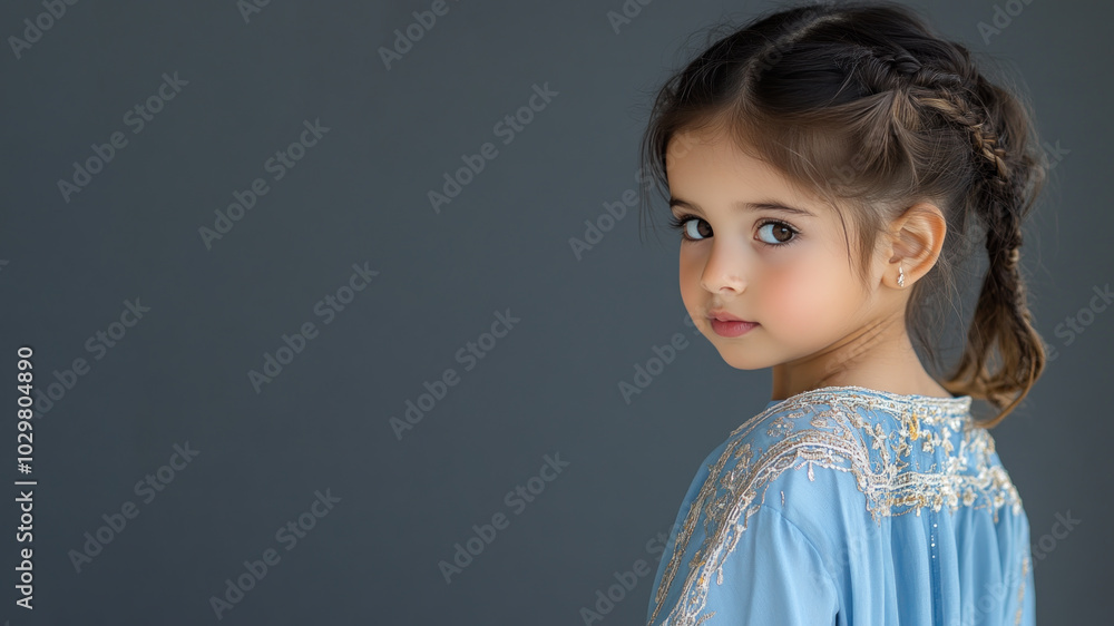 Arabian little girl wearing moroccan kaftan isolated on gray Arabian little girl wearing moroccan kaftan isolated on gray
