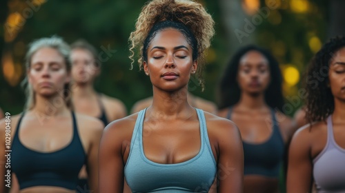 a multicultural group of women of various ages and body types doing yoga together in a calm park.