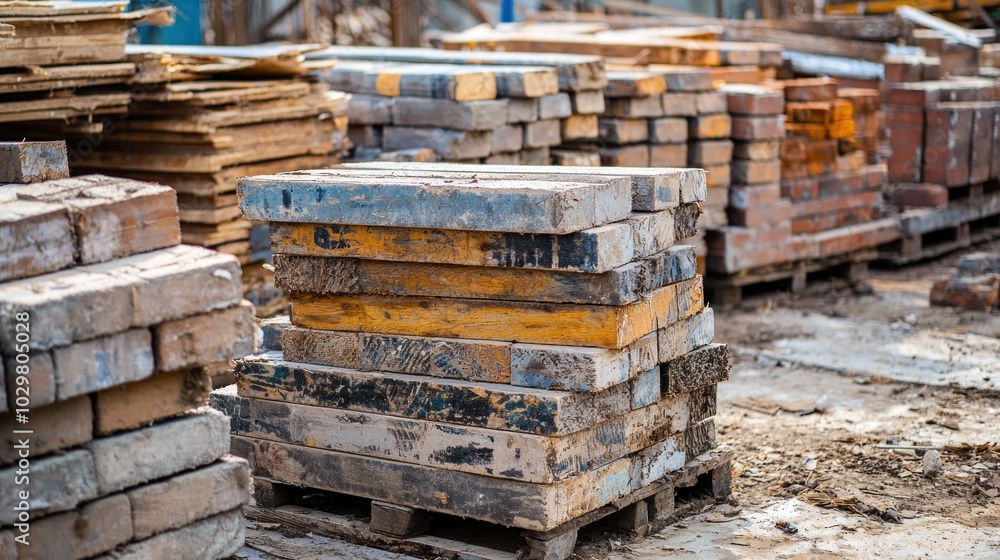 Stacks of reclaimed wood and bricks made from recycled materials at a construction site. Stacks of reclaimed wood and bricks made from recycled materials at a construction site.