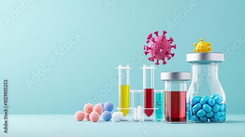 Test tubes, vials, and colorful liquids on blue background with viruses. photo