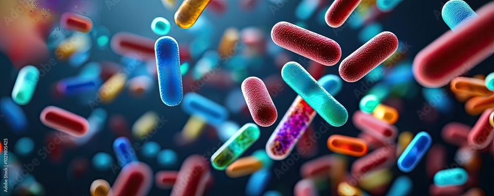 Colorful bacteria floating against a dark background.