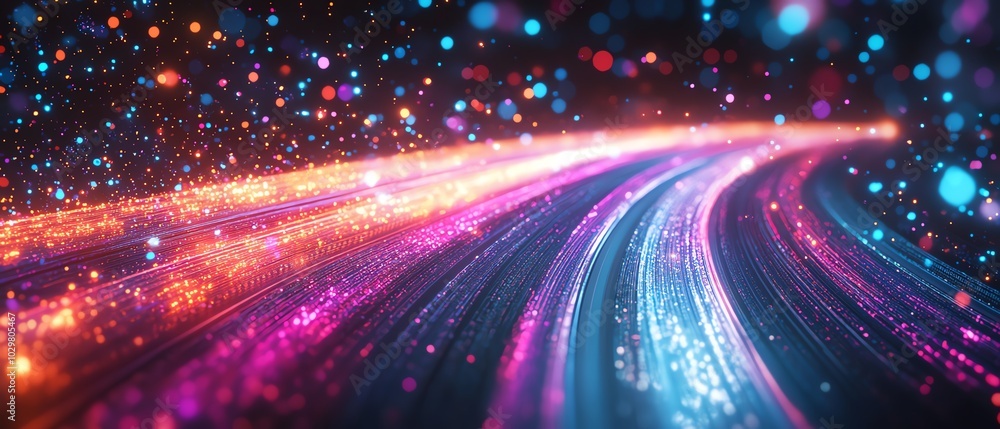 Obraz premium Futuristic visualization of an information highway with luminous streams of light, emphasizing speed and efficiency in data transfer