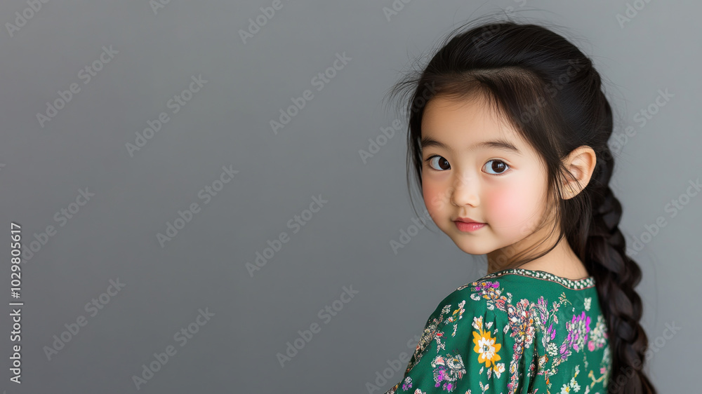 Korean little girl wearing moroccan kaftan isolated on gray