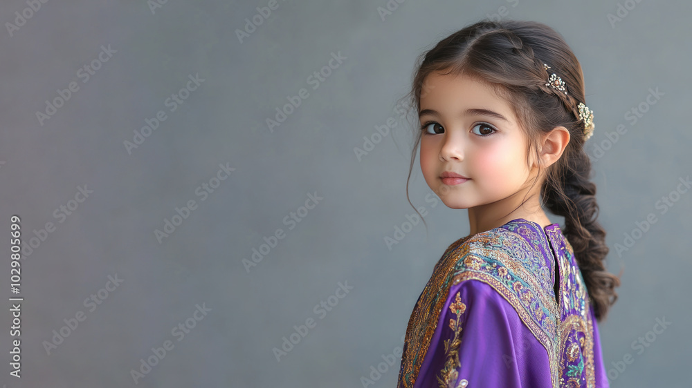 Malay little girl wearing moroccan kaftan isolated on gray Malay little girl wearing moroccan kaftan isolated on gray