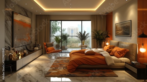 Modern bedroom interior featuring stylish decor, elegant furniture, and warm colors. This cozy space includes large windows, beautiful plants, and ambient lighting, creating a serene atmosphere.
