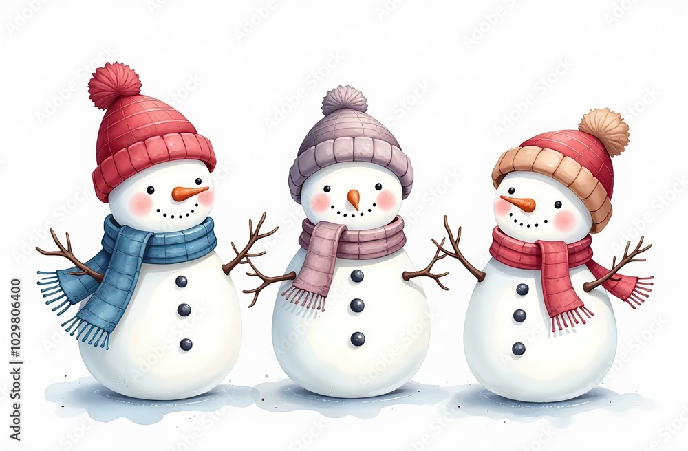 Set of cute watercolor little snowmen with hats and scarfs Set of cute watercolor little snowmen with hats and scarfs