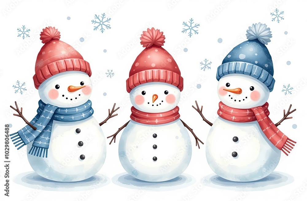 Set of cute watercolor little snowmen with hats and scarfs Set of cute watercolor little snowmen with hats and scarfs