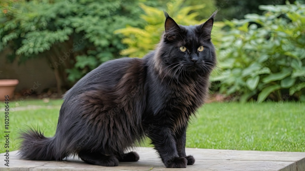 Black maine coon cat in the garden Black maine coon cat in the garden