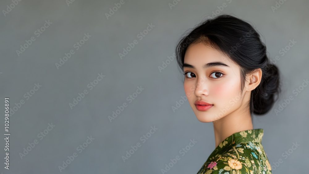 Indonesian woman wearing traditional middle east kaftan cloth costume Indonesian woman wearing traditional middle east kaftan cloth costume
