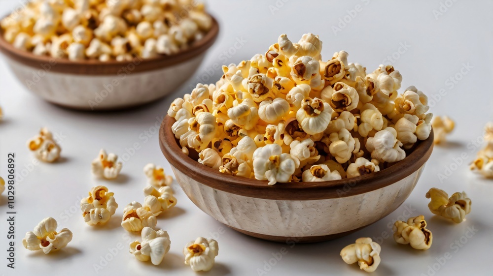 Deliciously fluffy popcorn served in two rustic bowls on a clean white surface Deliciously fluffy popcorn served in two rustic bowls on a clean white surface