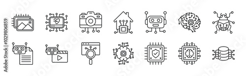 Artificial intelligence thin line icon set. Containing image,  medication, camera, home, robot process