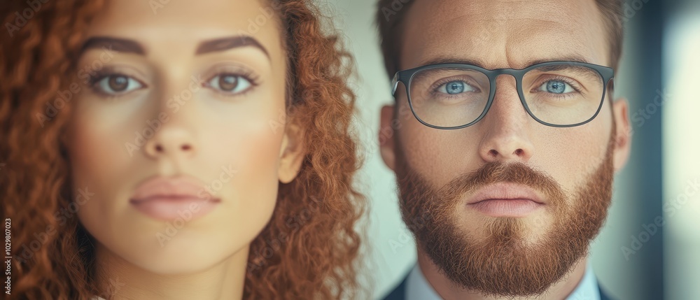 Fototapeta premium A man and a woman are standing next to each other, with the man wearing glasses. The woman has red hair and the man has a beard. Concept of contrast between the two individuals