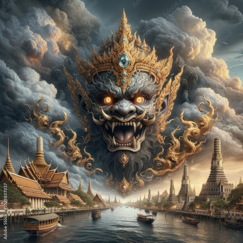 Fototapeta premium Colossal Guardian Spirit Above an Ancient City: A Hyper-Realistic Depiction of a Fearsome Mythical Figure Emerging from Stormy Skies, Protecting an Intricate Golden Temple Landscape with Divine Power 