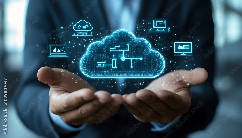 A businessman showcasing cloud computing infographics along with technology icons, representing a stockgenerated theme of innovation and change A businessman showcasing cloud computing infographics along with technology icons, representing a stockgenerated theme of innovation and change