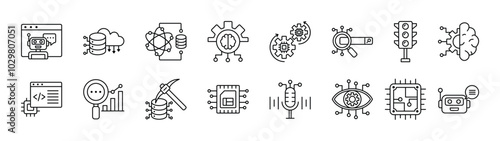 Artificial intelligence thin line icon set. Containing ai virtual assistant, cloud storage, data science, deep learning, automation