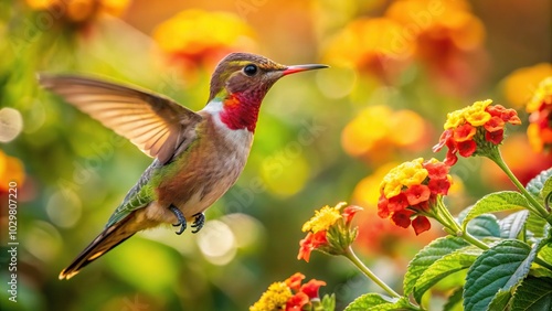 Ruby Topaz hummingbird pollinating flowers in a lantana bush in the sunlight aerial view photo