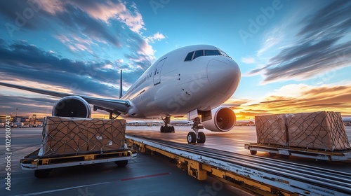 Cargo aircraft prepares for takeoff at sunset, showcasing the logistics of global transportation. Pallets of goods await loading, illustrating efficient air freight operations.