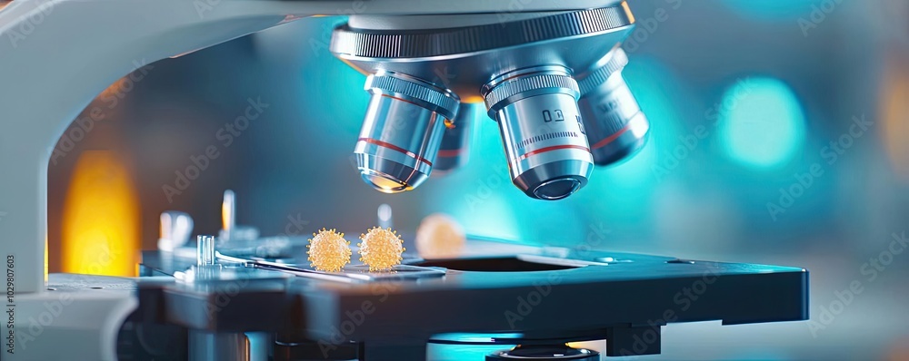 Close-up of a microscope with illuminated specimen on a table. Close-up of a microscope with illuminated specimen on a table.