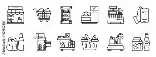 Grocery thin line icon set. Containing shop, cart, storage, counter, cashier machine