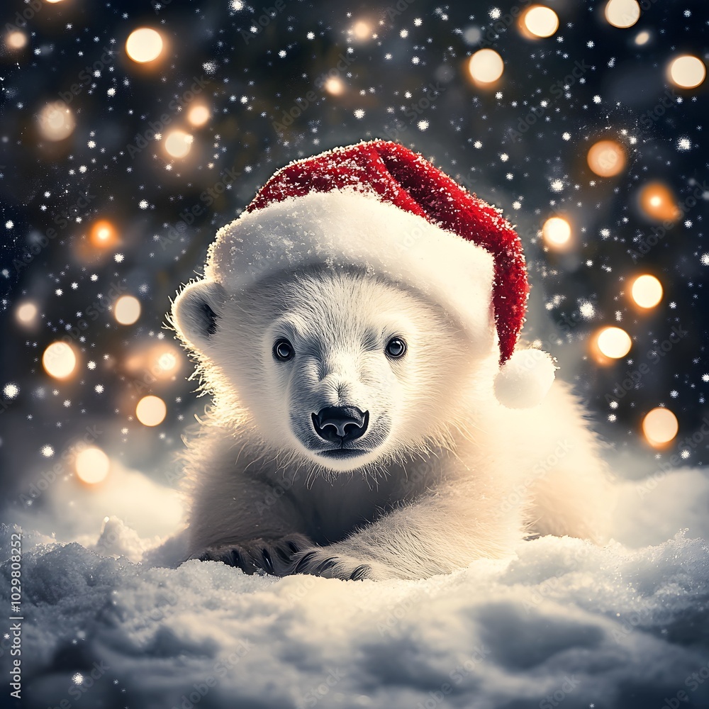 A cute polar bear cub wearing a Christmas hat A cute polar bear cub wearing a Christmas hat