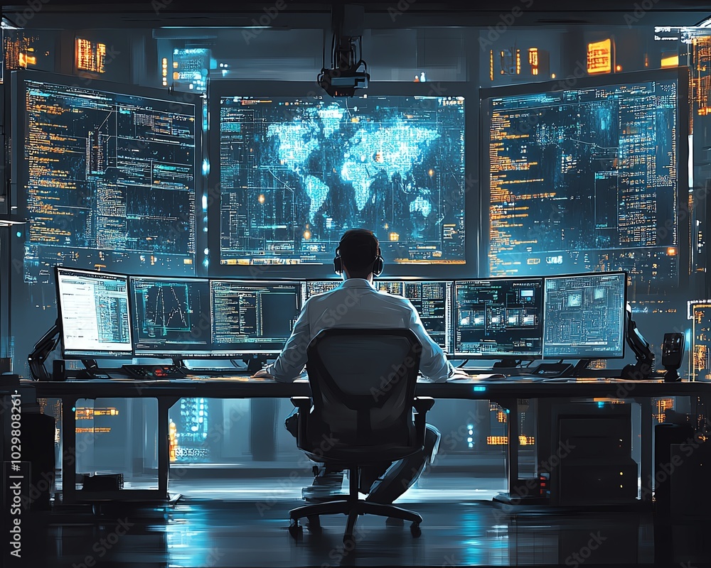 Illustration of an IT Technical Support Specialist working at a desktop computer, making intercom announcements in a hightech control room with massive digital displays Illustration of an IT Technical Support Specialist working at a desktop computer, making intercom announcements in a hightech control room with massive digital displays