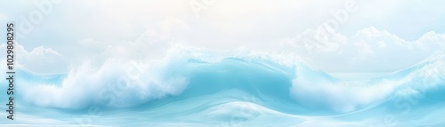 A blue ocean wave with a white sky in the background. The sky is cloudy and the ocean is calm