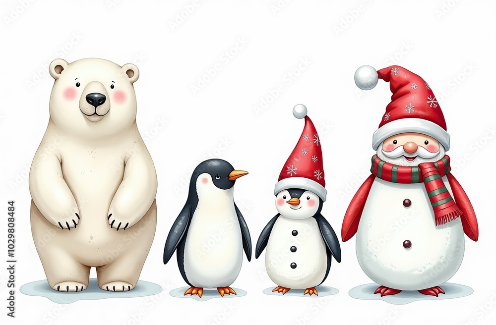 Set of watercolor Christmas characters: polar bear, penguin, Santa Claus, snowman and scandinavian gnome isolated on white background Set of watercolor Christmas characters: polar bear, penguin, Santa Claus, snowman and scandinavian gnome isolated on white background