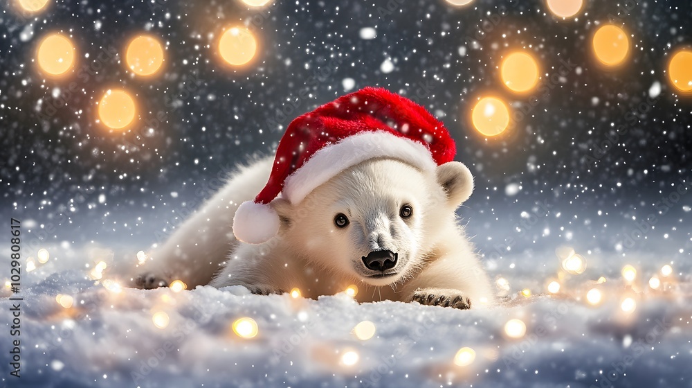 A cute polar bear cub wearing a Christmas hat A cute polar bear cub wearing a Christmas hat