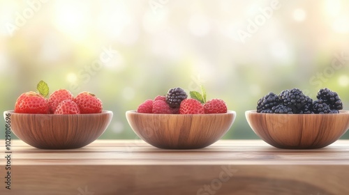 A vibrant array of fresh fruits and berries fills bowls, showcasing natures sweet offerings with a softfocus backdrop.