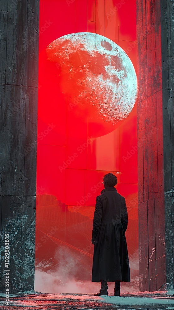 Silhouette of a Person Gazing at a Surreal Moon Silhouette of a Person Gazing at a Surreal Moon