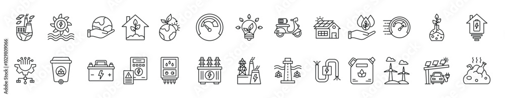 Renewable Energy thin line icon set. Containing Air Pollution, Hydroelectric, Save the Planet, Green, Home, Energy Resource Renewable Energy thin line icon set. Containing Air Pollution, Hydroelectric, Save the Planet, Green, Home, Energy Resource