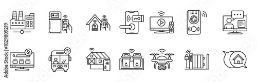 Smart City thin line icon set. Containing factory, smart refrigerator, alarm, card key, TV