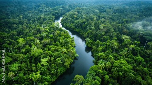 Aerial View of a Lush Rainforest with a Winding River