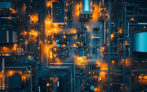 Aerial view of a sprawling industrial hub, digital network lines crisscrossing, demonstrating the importance of connectivity in today s industrial advancements photo