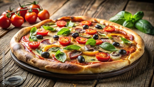 Rustic pizza with various toppings on wooden table