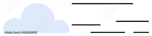 A light blue cloud is accompanied by several black horizontal lines of varying lengths. Ideal for technology, internet, cloud computing, data storage, network integration. Minimalist vector style