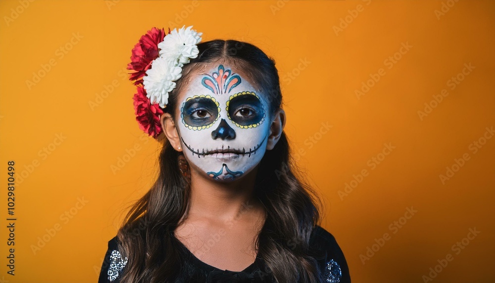 A young girl in make-up for the Día de los Muertos holiday, a lot of flowers background A young girl in make-up for the Día de los Muertos holiday, a lot of flowers background