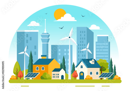 Energy Efficiency in the City Vector Illustration Featuring a Sustainable Environment with Electricity Generated from Solar and Wind Power