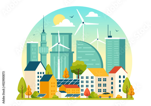 Energy Efficiency in the City Vector Illustration Featuring a Sustainable Environment with Electricity Generated from Solar and Wind Power