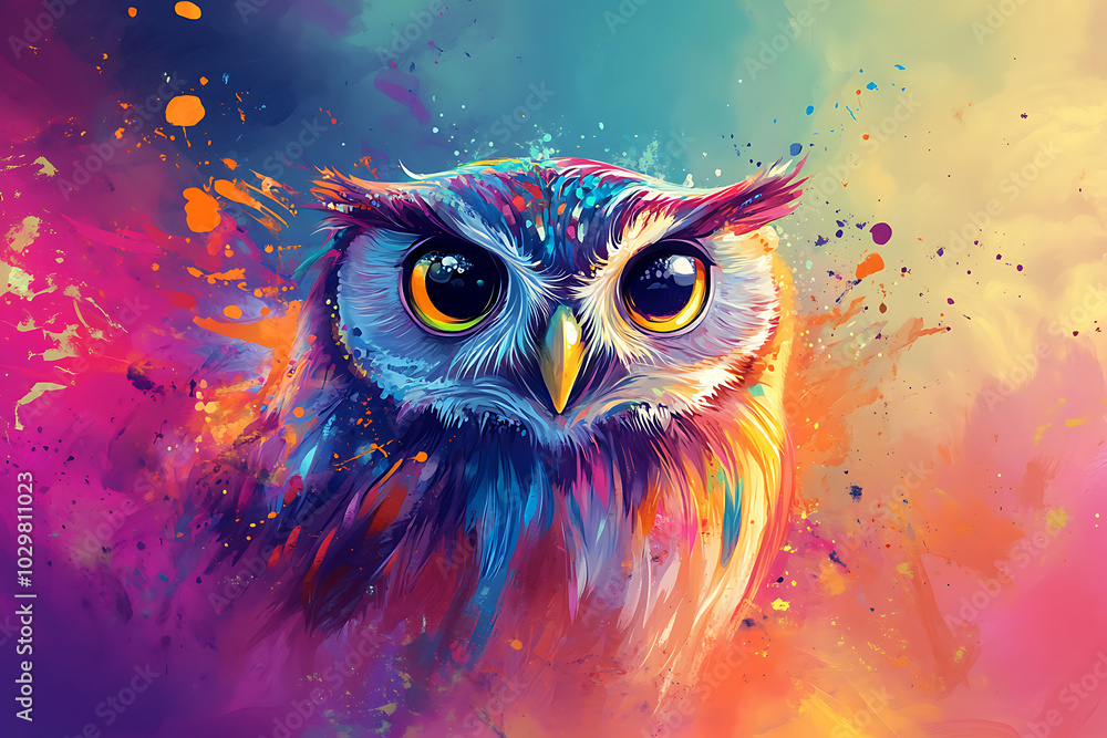 Obraz premium A vibrant and colorful artistic depiction of an owl, showcasing bright splashes of color.