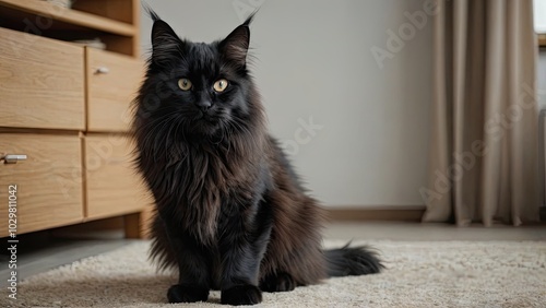 Black maine coon cat in the living room