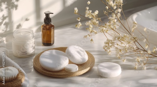 Minimalist Bathroom Still Life with White Cotton Rounds and Natural Products