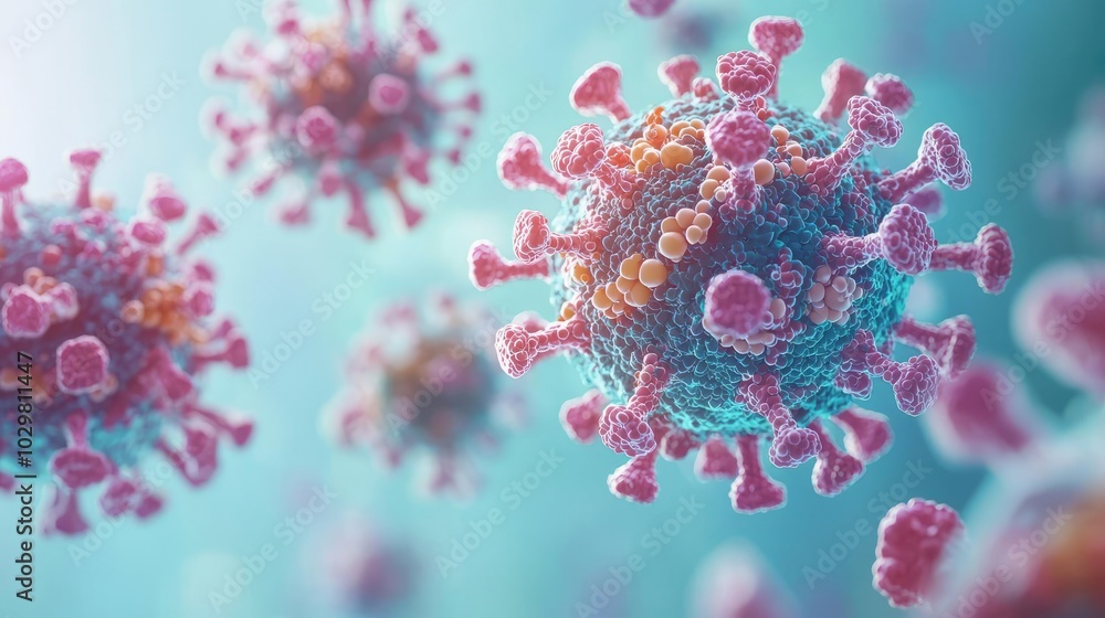 Colorful virus particles against a blurred background, showing detail and structure. Colorful virus particles against a blurred background, showing detail and structure.