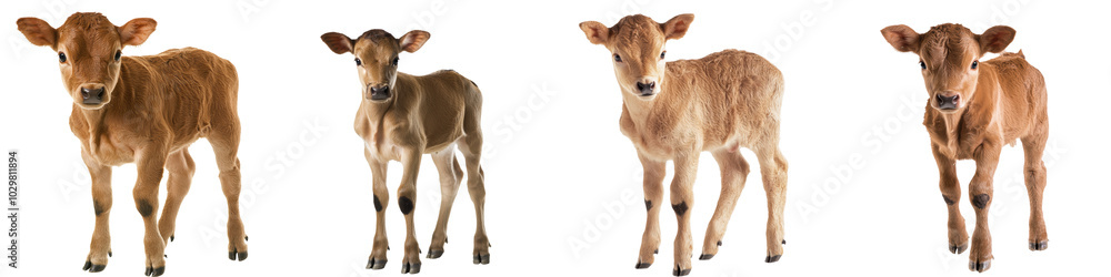 Four adorable calves, white isolated background. Four adorable calves, white isolated background.