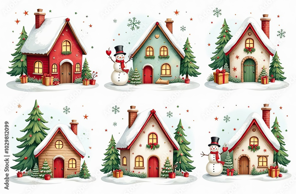 Fototapeta premium Large set of hand-drawn watercolor illustrations on the theme of Christmas. Cozy Christmas houses. Stars, snowflakes, spruce and branches, festive mood for stickers, decorations, design